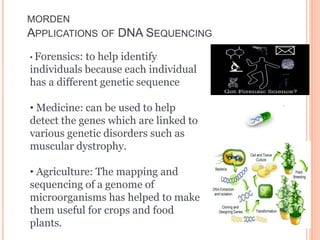 MORDEN
APPLICATIONS OF DNA SEQUENCING
• Forensics: to help identify
individuals because each individual
has a different genetic sequence
• Medicine: can be used to help
detect the genes which are linked to
various genetic disorders such as
muscular dystrophy.
• Agriculture: The mapping and
sequencing of a genome of
microorganisms has helped to make
them useful for crops and food
plants.
 