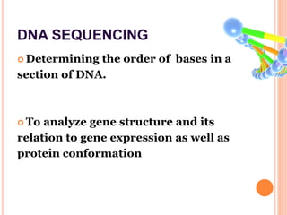 DNA SEQUENCING
 Determining the order of bases in a
section of DNA.
 To analyze gene structure and its
relation to gene expression as well as
protein conformation
 
