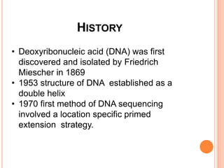 HISTORY
• Deoxyribonucleic acid (DNA) was first
discovered and isolated by Friedrich
Miescher in 1869
• 1953 structure of DNA established as a
double helix
• 1970 first method of DNA sequencing
involved a location specific primed
extension strategy.
 