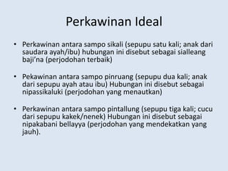 Perkawinan Ideal
• Perkawinan antara sampo sikali (sepupu satu kali; anak dari
saudara ayah/ibu) hubungan ini disebut sebagai sialleang
baji’na (perjodohan terbaik)
• Pekawinan antara sampo pinruang (sepupu dua kali; anak
dari sepupu ayah atau ibu) Hubungan ini disebut sebagai
nipassikaluki (perjodohan yang menautkan)
• Perkawinan antara sampo pintallung (sepupu tiga kali; cucu
dari sepupu kakek/nenek) Hubungan ini disebut sebagai
nipakabani bellayya (perjodohan yang mendekatkan yang
jauh).
 