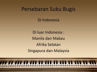 Persebaran Suku Bugis
Di Indonesia
Di luar Indonesia :
Manila dan Makau
Afrika Selatan
Singapura dan Malaysia
 