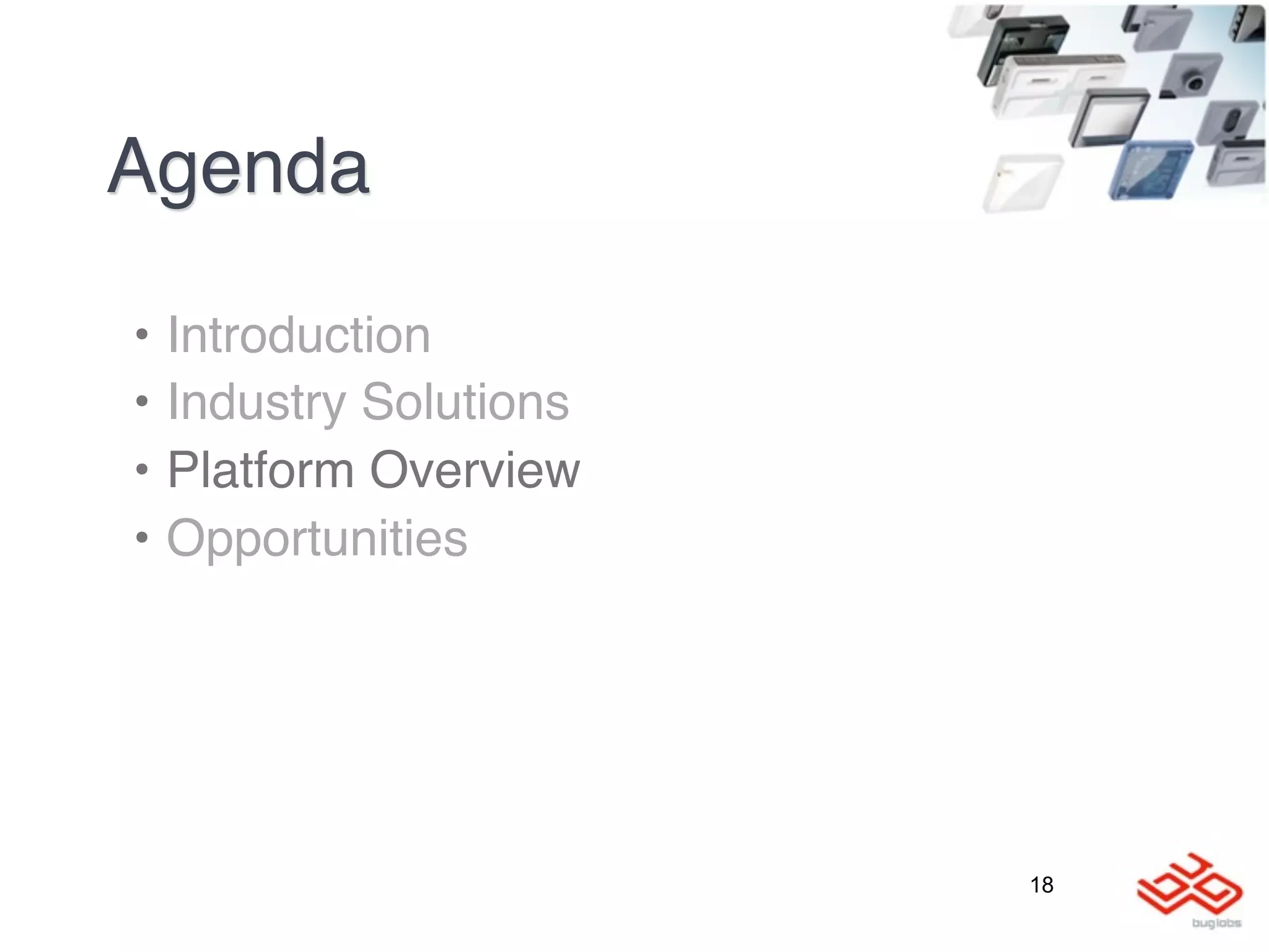 Agenda

•   Introduction
•   Industry Solutions
•   Platform Overview
•   Opportunities




                         18
 