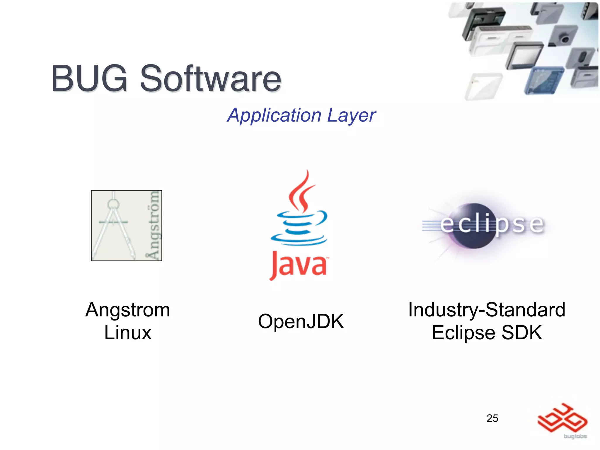 BUG Software
            Application Layer




 Angstrom                       Industry-Standard
               OpenJDK
  Linux                            Eclipse SDK



                                        25
 
