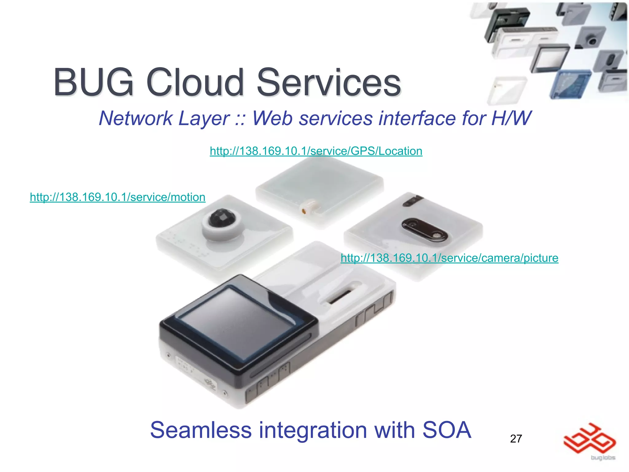 BUG Cloud Services
             Network Layer :: Web services interface for H/W
                                     http://138.169.10.1/service/GPS/Location


http://138.169.10.1/service/motion




                                                             http://138.169.10.1/service/camera/picture




                       Seamless integration with SOA                                         27
 