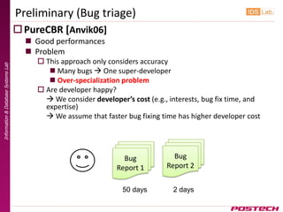 Preliminary (Bug triage)
                                      PureCBR [Anvik06]
                                        Good performances
                                        Problem
                                          This approach only considers accuracy
Information & Database Systems Lab




                                             Many bugs  One super-developer
                                             Over-specialization problem
                                          Are developer happy?
                                            We consider developer’s cost (e.g., interests, bug fix time, and
                                           expertise)
                                            We assume that faster bug fixing time has higher developer cost




                                                                   Bug            Bug
                                                                 Report 1       Report 2


                                                                  50 days         2 days
 