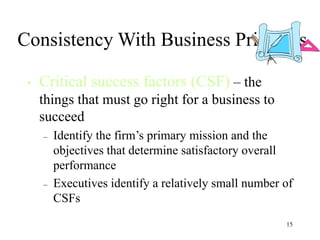 15
Consistency With Business Priorities
• Critical success factors (CSF) – the
things that must go right for a business to
succeed
– Identify the firm’s primary mission and the
objectives that determine satisfactory overall
performance
– Executives identify a relatively small number of
CSFs
 