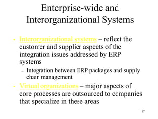 17
Enterprise-wide and
Interorganizational Systems
• Interorganizational systems – reflect the
customer and supplier aspects of the
integration issues addressed by ERP
systems
– Integration between ERP packages and supply
chain management
• Virtual organizations – major aspects of
core processes are outsourced to companies
that specialize in these areas
 