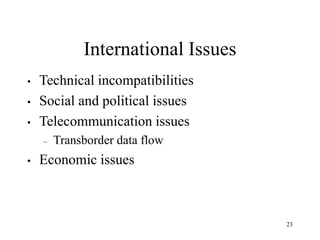23
International Issues
• Technical incompatibilities
• Social and political issues
• Telecommunication issues
– Transborder data flow
• Economic issues
 