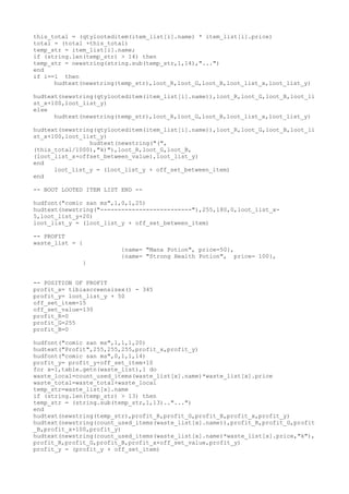 this_total = (qtylooteditem(item_list[i].name) * item_list[i].price)
total = (total +this_total)
temp_str = item_list[i].name;
if (string.len(temp_str) > 14) then
temp_str = newstring(string.sub(temp_str,1,14),"...")
end
if i==1 then
hudtext(newstring(temp_str),loot_R,loot_G,loot_B,loot_list_x,loot_list_y)
hudtext(newstring(qtylooteditem(item_list[i].name)),loot_R,loot_G,loot_B,loot_li
st_x+100,loot_list_y)
else
hudtext(newstring(temp_str),loot_R,loot_G,loot_B,loot_list_x,loot_list_y)
hudtext(newstring(qtylooteditem(item_list[i].name)),loot_R,loot_G,loot_B,loot_li
st_x+100,loot_list_y)
hudtext(newstring("(",
(this_total/1000),"k)"),loot_R,loot_G,loot_B,
(loot_list_x+offset_between_value),loot_list_y)
end
loot_list_y = (loot_list_y + off_set_between_item)
end
-- BOOT LOOTED ITEM LIST END --
hudfont("comic san ms",1,0,1,25)
hudtext(newstring("--------------------------"),255,180,0,loot_list_x-
5,loot_list_y+20)
loot_list_y = (loot_list_y + off_set_between_item)
-- PROFIT
waste_list = {
{name= "Mana Potion", price=50},
{name= "Strong Health Potion", price= 100},
}
-- POSITION OF PROFIT
profit_x= tibiascreensizex() - 345
profit_y= loot_list_y + 50
off_set_item=15
off_set_value=130
profit_R=0
profit_G=255
profit_B=0
hudfont("comic san ms",1,1,1,20)
hudtext("Profit",255,255,255,profit_x,profit_y)
hudfont("comic san ms",0,1,1,14)
profit_y= profit_y+off_set_item+10
for x=1,table.getn(waste_list),1 do
waste_local=count_used_items(waste_list[x].name)*waste_list[x].price
waste_total=waste_total+waste_local
temp_str=waste_list[x].name
if (string.len(temp_str) > 13) then
temp_str = (string.sub(temp_str,1,13).."...")
end
hudtext(newstring(temp_str),profit_R,profit_G,profit_B,profit_x,profit_y)
hudtext(newstring(count_used_items(waste_list[x].name)),profit_R,profit_G,profit
_B,profit_x+100,profit_y)
hudtext(newstring(count_used_items(waste_list[x].name)*waste_list[x].price,"k"),
profit_R,profit_G,profit_B,profit_x+off_set_value,profit_y)
profit_y = (profit_y + off_set_item)
 
