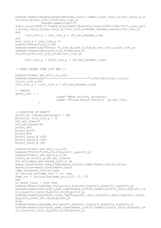 hudtext(newstring(qtylooteditem(item_list[i].name)),loot_valor_R,loot_valor_G,lo
ot_valor_B,loot_list_x+100,loot_list_y)
hudtext(newstring("(",
(this_total/1000),".",math.floor(math.fmod(this_total,1000)/100),"k)"),loot_valo
r_R,loot_valor_G,loot_valor_B,(loot_list_x+offset_between_value),loot_list_y)
end
loot_list_y = loot_list_y + off_set_between_item
end
loot_list_y = loot_list_y +5
hudfont("arial",0,1,1,19)
hudtext(newstring("Total: "),loot_R,loot_G,loot_B,loot_list_x,loot_list_y)
hudtext(newstring(total),loot_R+255,loot_G-
75,loot_B+20,loot_list_x+100,loot_list_y)
loot_list_y = (loot_list_y + off_set_between_item)
-- BOOT LOOTED ITEM LIST END --
hudfont("comic san ms",1,0,1,25)
hudtext(newstring("--------------------------"),255,180,0,loot_list_x-
5,loot_list_y+20)
loot_list_y = (loot_list_y + off_set_between_item)
-- PROFIT
waste_list = {
{name= "Mana Potion", price=50},
{name= "Strong Health Potion", price= 100},
}
-- POSITION OF PROFIT
profit_x= tibiascreensizex() - 345
profit_y= loot_list_y + 50
off_set_item=15
off_set_value=130
profit_R=0
profit_G=255
profit_B=0
profit_valor_R =255
profit_valor_G =180
profit_valor_B =20
hudfont("comic san ms",1,1,1,20)
hudtext("Profit",255,255,255,profit_x,profit_y)
hudfont("comic san ms",0,1,1,14)
profit_y= profit_y+off_set_item+10
for x=1,table.getn(waste_list),1 do
waste_local=count_used_items(waste_list[x].name)*waste_list[x].price
waste_total=waste_total+waste_local
temp_str=waste_list[x].name
if (string.len(temp_str) > 11) then
temp_str = (string.sub(temp_str,1,11).."...")
end
if waste_local < 1000 then
hudtext(newstring(temp_str),profit_R,profit_G,profit_B,profit_x,profit_y)
hudtext(newstring(count_used_items(waste_list[x].name)),profit_valor_R,profit_va
lor_G,profit_valor_B,profit_x+100,profit_y)
hudtext(newstring(waste_local,"gps"),profit_valor_R,profit_valor_G,profit_valor_
B,profit_x+off_set_value,profit_y)
else
hudtext(newstring(temp_str),profit_R,profit_G,profit_B,profit_x,profit_y)
hudtext(newstring(count_used_items(waste_list[x].name)),profit_valor_R,profit_va
lor_G,profit_valor_B,profit_x+100,profit_y)
 