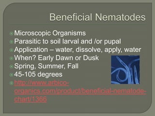  Microscopic

Organisms
 Parasitic to soil larval and /or pupal
 Application – water, dissolve, apply, water
 When? Early Dawn or Dusk
 Spring, Summer, Fall
 45-105 degrees
 http://www.arbicoorganics.com/product/beneficial-nematodechart/1366

 