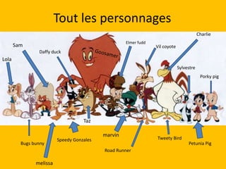 Tout les personnages
                                                                                          Charlie
                                                    Elmer fudd
       Sam                                                       Vil coyote
                Daffy duck
Lola
                                                                              Sylvestre
                                                                                           Porky pig




                                    Taz

                                           marvin
                         Speedy Gonzales                         Tweety Bird
         Bugs bunny                                                                Petunia Pig
                                           Road Runner

               melissa
 