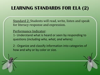 LEARNING STANDARDS FOR ELA (2) Standard 2:  Students will read, write, listen and speak for literacy response and expression. Performance Indicator :  1-  Understand what is heard or seen by responding to questions ( including who, what, and where). 2 - Organize and classify information into categories of how and why or by color or size. 