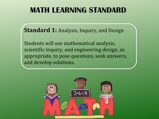MATH LEARNING STANDARD Standard 1:  Analysis, Inquiry, and Design Students will use mathematical analysis, scientific inquiry, and engineering design, as appropriate, to pose questions, seek answers, and develop solutions. 