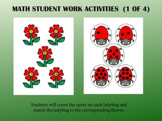 MATH STUDENT WORK ACTIVITIES  (1 OF 4) Students will count the spots on each ladybug and match the ladybug to the corresponding flower. 