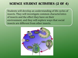 SCIENCE STUDENT ACTIVITIES (2 OF 4) Students will develop an understanding of life cycles of insects. They will investigate common characteristics of insects and the effect they have on their environment, and they will explore ways that social insects are different from other insects.  