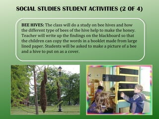 SOCIAL STUDIES STUDENT ACTIVITIES (2 OF 4) BEE HIVES:  The class will do a study on bee hives and how the different type of bees of the hive help to make the honey. Teacher will write up the findings on the blackboard so that the children can copy the words in a booklet made from large lined paper. Students will be asked to make a picture of a bee and a hive to put on as a cover.  