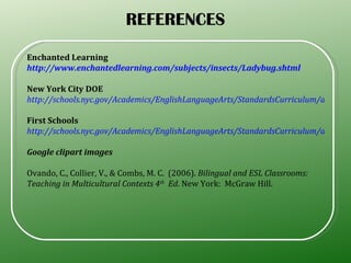 REFERENCES Enchanted Learning  http://www.enchantedlearning.com/subjects/insects/Ladybug.shtml New York City DOE  http://schools.nyc.gov/Academics/EnglishLanguageArts/StandardsCurriculum/default.htm First Schools http://schools.nyc.gov/Academics/EnglishLanguageArts/StandardsCurriculum/default.htm Google clipart images Ovando, C., Collier, V., & Combs, M. C.  (2006).  Bilingual and ESL Classrooms:  Teaching in Multicultural Contexts 4 th   Ed . New York:  McGraw Hill. 