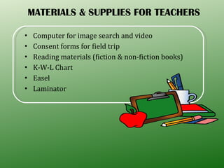 MATERIALS & SUPPLIES FOR TEACHERS Computer for image search and video Consent forms for field trip Reading materials (fiction & non-fiction books) K-W-L Chart Easel Laminator 