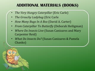 ADDITIONAL MATERIALS (BOOKS) The Very Hungry Caterpillar  (Eric Carle) The Grouchy Ladybug  (Eric Carle How Many Bugs In A Box  (David A. Carter)  From Caterpillar To Butterfly  (Deborah Heiligman) Where Do Insects Live  (Susan Canizares and Mary Carpenter Reid) What Do Insects Do?  (Susan Canizares & Pamela Chanko) 