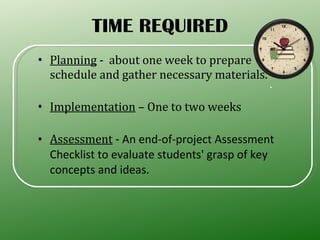TIME REQUIRED Planning  -  about one week to prepare schedule and gather necessary materials. Implementation  – One to two weeks  Assessment  -  An end-of-project Assessment Checklist to evaluate students' grasp of key concepts and ideas.  