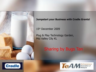 Jumpstart your Business with Cradle Grants! 15 th  December 2009  Plug & Play Technology Garden,  Mid Valley City KL Sharing by Bugs Tan 