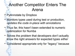 Another Competitor Enters The
Arena

PyAnnotate by Dropbox

Monitors types used during test or production,
updates the c...