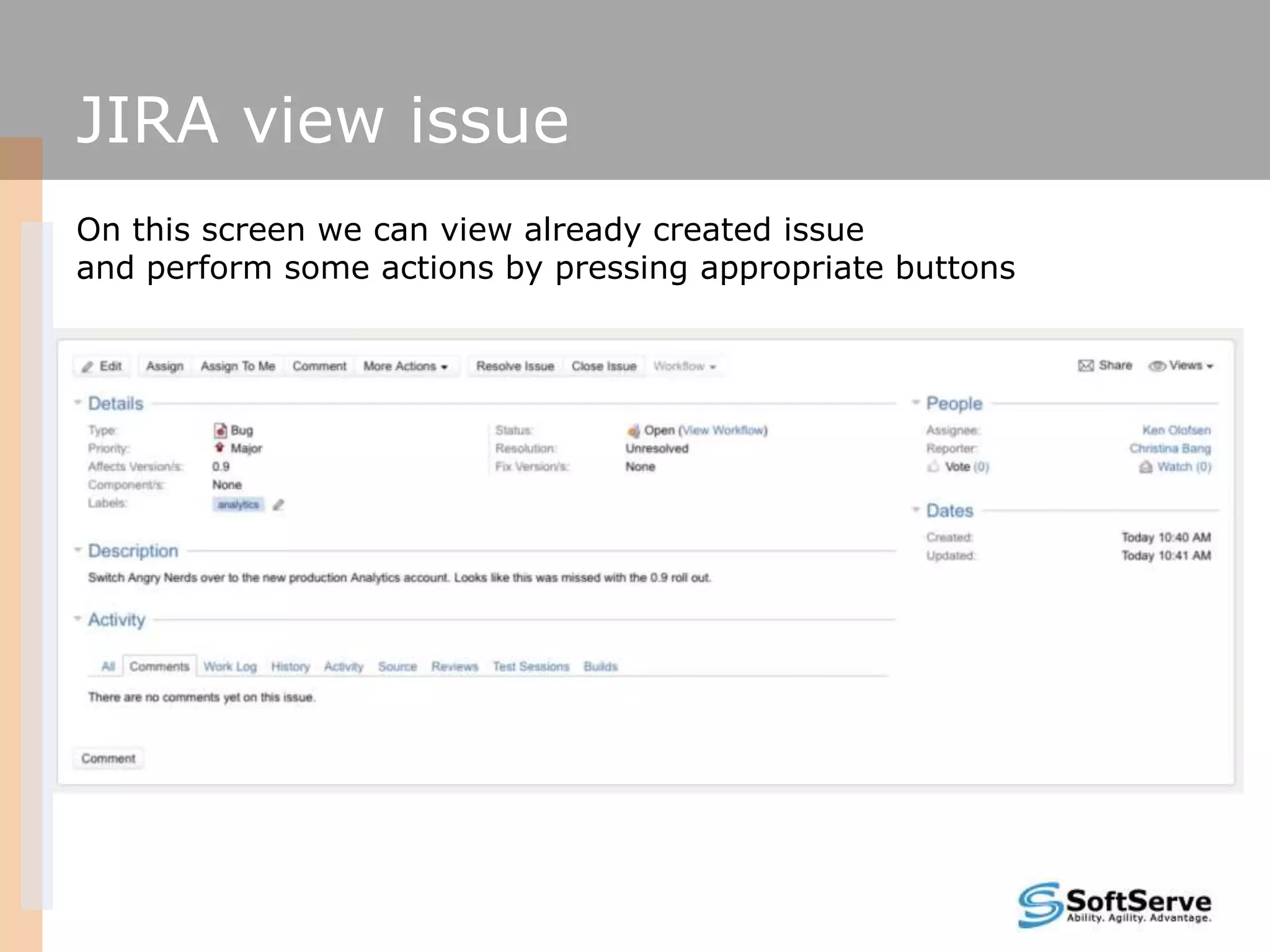 JIRA view issue
On this screen we can view already created issue
and perform some actions by pressing appropriate buttons
 