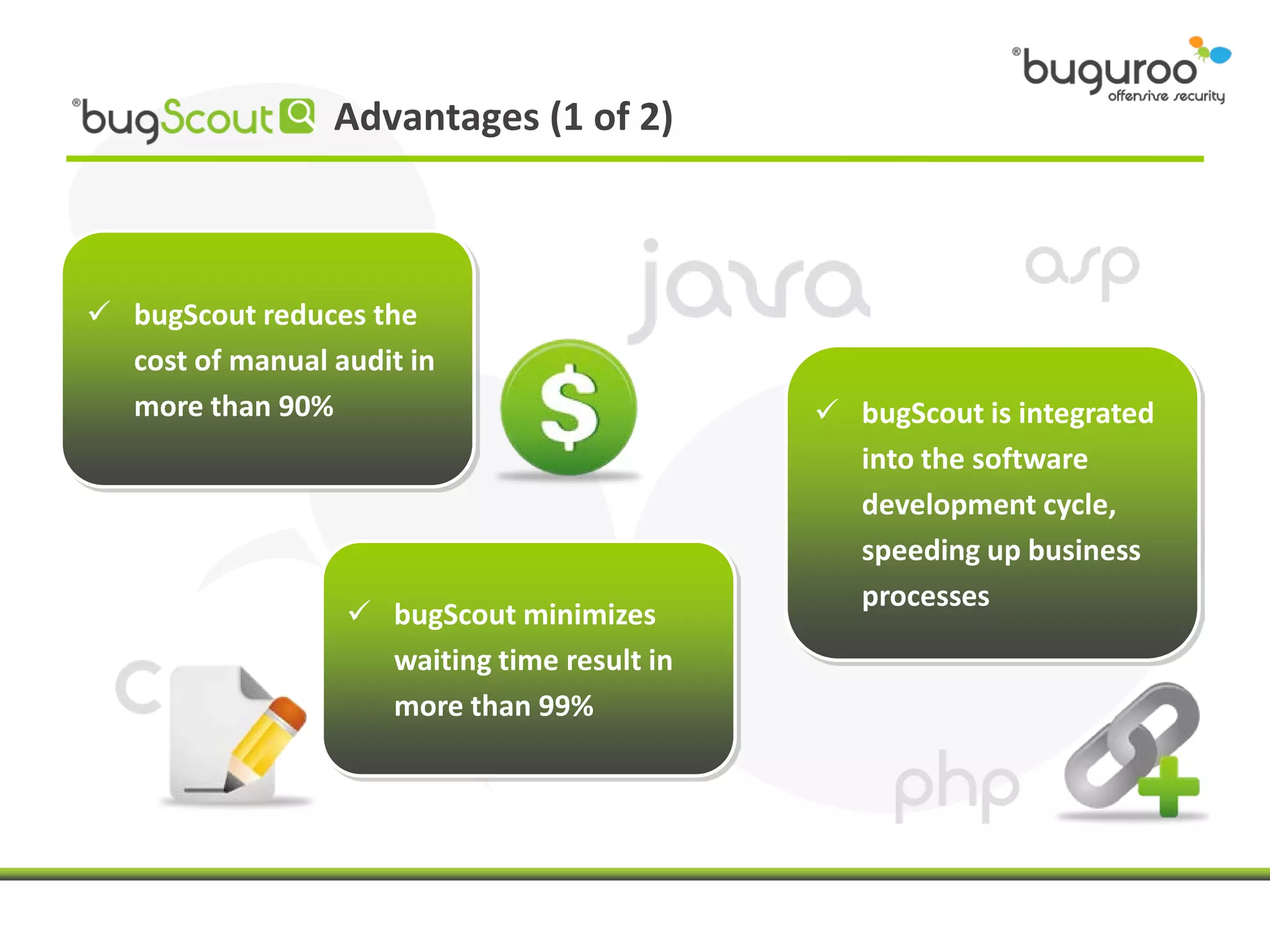 Advantages (1 of 2)



 bugScout reduces the
  cost of manual audit in
  more than 90%                               bugScout is integrated
                                               into the software
                                               development cycle,
                                               speeding up business
                                               processes
                   bugScout minimizes
                    waiting time result in
                    more than 99%
 