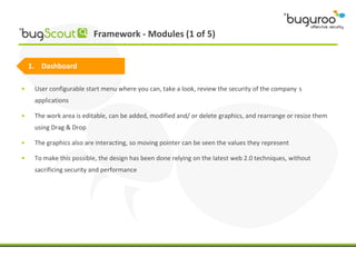 Framework - Modules (1 of 5)


    1. Dashboard

•    User configurable start menu where you can, take a look, review the security of the company s
     applications

•    The work area is editable, can be added, modified and/ or delete graphics, and rearrange or resize them
     using Drag & Drop

•    The graphics also are interacting, so moving pointer can be seen the values they represent

•    To make this possible, the design has been done relying on the latest web 2.0 techniques, without
     sacrificing security and performance
 