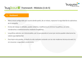 Framework - Módulos (1 de 5)


    1. Dashboard

•    Menú inicial configurable por usuario donde podrá, de un vistazo, repasarse la seguridad de los aplicativos
     de la compañía

•    El área de trabajo es editable, pueden añadirse, modificarse y/o eliminar los gráficos, así como
     reordenarlos o redimensionarlos mediante Drag&Drop

•    Las gráficas además, son interactuables, por lo que pasando el cursor por encima pueden observarse los
     valores que representan

•    Para hacer esto posible, el diseño ha sido realizado contando con las más modernas técnicas de web 2.0,
     sin renunciar a seguridad y rendimiento
 