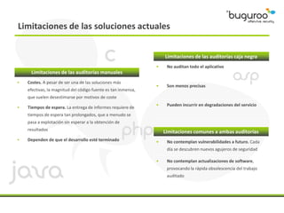 Limitaciones de las soluciones actuales


                                                                   Limitaciones de las auditorías caja negra
                                                               •    No auditan todo el aplicativo
     Limitaciones de las auditorías manuales
•   Costes. A pesar de ser una de las soluciones más
                                                               •    Son menos precisas
    efectivas, la magnitud del código fuente es tan inmensa,
    que suelen desestimarse por motivos de coste
                                                               •    Pueden incurrir en degradaciones del servicio
•   Tiempos de espera. La entrega de informes requiere de
    tiempos de espera tan prolongados, que a menudo se
    pasa a explotación sin esperar a la obtención de
    resultados
                                                                   Limitaciones comunes a ambas auditorías
•   Dependen de que el desarrollo esté terminado               •    No contemplan vulnerabilidades a futuro. Cada
                                                                    día se descubren nuevos agujeros de seguridad

                                                               •    No contemplan actualizaciones de software,
                                                                    provocando la rápida obsolescencia del trabajo
                                                                    auditado
 