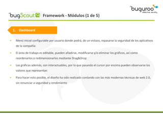 Framework - Módulos (1 de 5)


    1. Dashboard

•    Menú inicial configurable por usuario donde podrá, de un vistazo, re...
