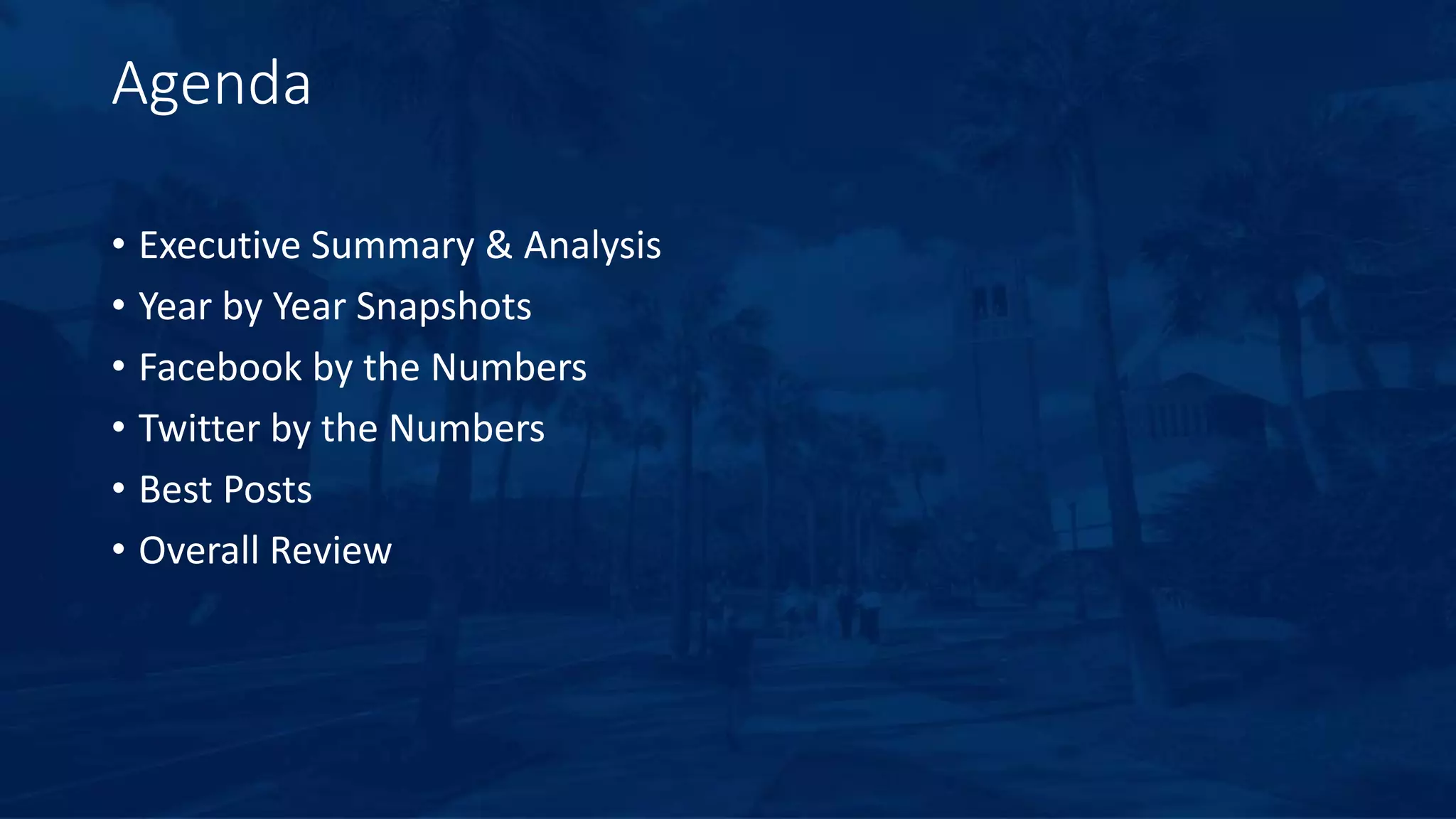 Agenda
• Executive Summary & Analysis
• Year by Year Snapshots
• Facebook by the Numbers
• Twitter by the Numbers
• Best Posts
• Overall Review
 