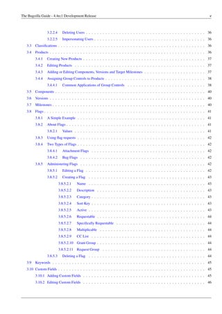 The Bugzilla Guide - 4.4rc1 Development Release                                                                                    v



                 3.2.2.4     Deleting Users . . . . . . . . . . . . . . . . . . . . . . . . . . . . . . . . . . . . . . . . . . . 36
                 3.2.2.5     Impersonating Users . . . . . . . . . . . . . . . . . . . . . . . . . . . . . . . . . . . . . . . . 36
   3.3   Classiﬁcations . . . . . . . . . . . . . . . . . . . . . . . . . . . . . . . . . . . . . . . . . . . . . . . . . . . . . 36
   3.4   Products . . . . . . . . . . . . . . . . . . . . . . . . . . . . . . . . . . . . . . . . . . . . . . . . . . . . . . . . 36
         3.4.1   Creating New Products . . . . . . . . . . . . . . . . . . . . . . . . . . . . . . . . . . . . . . . . . . . . 37
         3.4.2   Editing Products . . . . . . . . . . . . . . . . . . . . . . . . . . . . . . . . . . . . . . . . . . . . . . . 37
         3.4.3   Adding or Editing Components, Versions and Target Milestones . . . . . . . . . . . . . . . . . . . . . . 37
         3.4.4   Assigning Group Controls to Products . . . . . . . . . . . . . . . . . . . . . . . . . . . . . . . . . . . . 38
                 3.4.4.1     Common Applications of Group Controls . . . . . . . . . . . . . . . . . . . . . . . . . . . . 38
   3.5   Components . . . . . . . . . . . . . . . . . . . . . . . . . . . . . . . . . . . . . . . . . . . . . . . . . . . . . . 40
   3.6   Versions . . . . . . . . . . . . . . . . . . . . . . . . . . . . . . . . . . . . . . . . . . . . . . . . . . . . . . . . 40
   3.7   Milestones . . . . . . . . . . . . . . . . . . . . . . . . . . . . . . . . . . . . . . . . . . . . . . . . . . . . . . . 40
   3.8   Flags . . . . . . . . . . . . . . . . . . . . . . . . . . . . . . . . . . . . . . . . . . . . . . . . . . . . . . . . . . 41
         3.8.1   A Simple Example . . . . . . . . . . . . . . . . . . . . . . . . . . . . . . . . . . . . . . . . . . . . . . 41
         3.8.2   About Flags . . . . . . . . . . . . . . . . . . . . . . . . . . . . . . . . . . . . . . . . . . . . . . . . . . 41
                 3.8.2.1     Values . . . . . . . . . . . . . . . . . . . . . . . . . . . . . . . . . . . . . . . . . . . . . . . 41
         3.8.3   Using ﬂag requests . . . . . . . . . . . . . . . . . . . . . . . . . . . . . . . . . . . . . . . . . . . . . . 42
         3.8.4   Two Types of Flags . . . . . . . . . . . . . . . . . . . . . . . . . . . . . . . . . . . . . . . . . . . . . . 42
                 3.8.4.1     Attachment Flags . . . . . . . . . . . . . . . . . . . . . . . . . . . . . . . . . . . . . . . . . 42
                 3.8.4.2     Bug Flags . . . . . . . . . . . . . . . . . . . . . . . . . . . . . . . . . . . . . . . . . . . . . 42
         3.8.5   Administering Flags . . . . . . . . . . . . . . . . . . . . . . . . . . . . . . . . . . . . . . . . . . . . . 42
                 3.8.5.1     Editing a Flag . . . . . . . . . . . . . . . . . . . . . . . . . . . . . . . . . . . . . . . . . . . 42
                 3.8.5.2     Creating a Flag . . . . . . . . . . . . . . . . . . . . . . . . . . . . . . . . . . . . . . . . . . 43
                           3.8.5.2.1    Name . . . . . . . . . . . . . . . . . . . . . . . . . . . . . . . . . . . . . . . . . . 43
                           3.8.5.2.2    Description . . . . . . . . . . . . . . . . . . . . . . . . . . . . . . . . . . . . . . . 43
                           3.8.5.2.3    Category . . . . . . . . . . . . . . . . . . . . . . . . . . . . . . . . . . . . . . . . . 43
                           3.8.5.2.4    Sort Key . . . . . . . . . . . . . . . . . . . . . . . . . . . . . . . . . . . . . . . . . 43
                           3.8.5.2.5    Active . . . . . . . . . . . . . . . . . . . . . . . . . . . . . . . . . . . . . . . . . . 43
                           3.8.5.2.6    Requestable . . . . . . . . . . . . . . . . . . . . . . . . . . . . . . . . . . . . . . . 44
                           3.8.5.2.7    Speciﬁcally Requestable . . . . . . . . . . . . . . . . . . . . . . . . . . . . . . . . 44
                           3.8.5.2.8    Multiplicable . . . . . . . . . . . . . . . . . . . . . . . . . . . . . . . . . . . . . . 44
                           3.8.5.2.9    CC List . . . . . . . . . . . . . . . . . . . . . . . . . . . . . . . . . . . . . . . . . 44
                           3.8.5.2.10   Grant Group . . . . . . . . . . . . . . . . . . . . . . . . . . . . . . . . . . . . . . . 44
                           3.8.5.2.11   Request Group . . . . . . . . . . . . . . . . . . . . . . . . . . . . . . . . . . . . . 44
                 3.8.5.3     Deleting a Flag . . . . . . . . . . . . . . . . . . . . . . . . . . . . . . . . . . . . . . . . . . 44
   3.9   Keywords . . . . . . . . . . . . . . . . . . . . . . . . . . . . . . . . . . . . . . . . . . . . . . . . . . . . . . . 45
   3.10 Custom Fields . . . . . . . . . . . . . . . . . . . . . . . . . . . . . . . . . . . . . . . . . . . . . . . . . . . . . 45
         3.10.1 Adding Custom Fields . . . . . . . . . . . . . . . . . . . . . . . . . . . . . . . . . . . . . . . . . . . . 45
         3.10.2 Editing Custom Fields . . . . . . . . . . . . . . . . . . . . . . . . . . . . . . . . . . . . . . . . . . . . 46
 