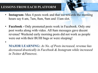 LESSONS FROM EACH PLATFORM
• Instagram- Max 4 posts work and that too towards the morning
hours say 6 am, 7am, 8am, 9am and 11am slot.
• Facebook - Only promoted posts work in Facebook. Only one
post works along with video. All 8am messages gave decent
revenue! Weekend early morning posts did not work as people
were out with their BUHI bags or were sleeping!
•
MAJOR LEARNING: As No. of Posts increased, revenue has
decreased drastically in Facebook & Instagram while increased
in Twitter &Pinterest.
 