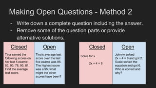 Making Open Questions - Method 2
- Write down a complete question including the answer.
- Remove some of the question parts or provide
alternative solutions.
Tina earned the
following scores on
her last 5 exams:
83, 93, 78, 95, 81.
Find the average
test score.
Tina’s average test
score over the last
five exams was 86.
The highest score
was a 95, what
might the other
scores have been?
Closed Open
Johnny solved
2x + 4 = 8 and got 2.
Susie solved the
equation and got 6.
Who is correct and
why?
Closed Open
Solve for x
2x + 4 = 8
 