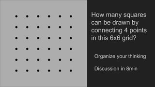 How many squares
can be drawn by
connecting 4 points
in this 6x6 grid?
Organize your thinking
Discussion in 8min
 