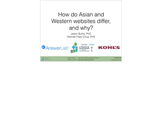 Session Survey: http://www.uxpa2016.org/sessionsurvey/14
Conference Survey: http://www.uxpa2016.org/survey www.uxpa2016.org
#UXPA2016
How do Asian and
Western websites differ,
and why?
Jason Buhle, PhD
Hannah Faye Chua, PhD
 