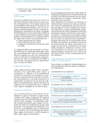 Protocolos de Vigilancia Epidemiológica - Parte I Oficina General de Epidemiología - Ministerio de Salud
Cólera
Cólera
Para evaluar la vigilancia epidemiológica en
salud pública de cólera se usarán los siguien-
tes indicadores:
Sensibilidad de la vigilancia:
Circulación del V. cholerae:
Eficiencia de la vigilancia (compatibles):
Severidad de casos de EDA
9
Toda muerte por enfermedad diarreica
a cualquier edad.
Vigilancia comunal a través de promoto-
res de salud
Durante la epidemia de cólera en el Perú se
observaron brotes sorpresivos en áreas rura-
les, principalmente, en la región andina con
una letalidad relativamente elevada. Es de
suma importancia mantener una red de vi-
gilancia epidemiológica de base comunal in-
tegrada por promotores de salud, Unidades
de Rehidratación Oral Comunales (UROCs)
y otros agentes comunitarios quienes deben
notificar inmediatamente al establecimiento
de salud más cercano la presentación de:
Casos sospechosos de cólera.
Todo fallecimiento por EDA.
Cualquier incremento inusual de casos
de EDA.
La vigilancia debe estar asociada a un forta-
lecimiento de la capacidad local para aten-
der inmediatamente casos de enfermedad
diarreica aguda con sales de rehidratación
oral. Es necesario la capacitación y abasteci-
miento con sales de rehidratación (SRO) y
los insumos necesarios para su administra-
ción a través de UROs.
Vigilancia centinela
Cada región del país debe contar con labo-
ratorios con capacidad para aislar y
serotipificar V. cholerae, con la finalidad de
conocer la circulación de serotipos y el pa-
trón de resistencia antimicrobiana. En la eta-
pa interepidémica o de baja incidencia es
importante el papel de los centros de vigi-
lancia centinela quienes deben mantener la
vigilancia de la reaparición de V. cholerae
como agente etiológico de la EDA acuosa.
Vigilancia ambiental
Se ha demostrado la circulación de V.
cholerae en aguas residuales y aguas conti-
nentales (ríos, lagos y lagunas) en especial
cuando estos son contaminados por los des-
agües de las ciudades. Es importante reali-
zar estudios periódicos para vigilar la circu-
lación de vibrios en el ambiente, ya que suele
anteceder a la aparición de epidemias. Las
técnicas recomendadas para el aislamiento
de V. cholerae son la del Hisopo de Moore
(para aguas corrientes) o la del Hisopo de
Spira (para aguas estancadas)19
.
Investigación de brotes
La investigación de brotes de cólera debe ser
dirigido principalmente a la identificación de
la fuente de infección primaria de los casos,
generalmente es el agua o alimentos conta-
minados con la bacteria.
Para identificar las fuentes de infección se
deben diseñar estudios de casos y controles,
que fueron fundamentales durante los bro-
tes ocurridos en el Perú, porque han permi-
tido identificar al agua contaminada y algu-
nos alimentos de venta ambulatoria como las
principales fuentes de infección en la costa9,20
y la selva16
, mientras que en la región andina
los alimentos ofrecidos durante los funerales
fue la fuente de infección mas importante15
.
Después del inicio de un brote puede existir
también transmisión secundaria a través de
la contaminación de agua y alimentos en el
hogar por las heces y vómitos de los casos
índices familiares. Notificar el brote en for-
ma inmediata al sistema de vigilancia
epidemiológica dentro de las 24 horas de
conocido el caso e iniciar la búsqueda activa
de contactos.
Indicadores para la vigilancia epidemio-
lógica en salud pública
Número de casos sospechosos + número de
casos probables
Población vigilada
x 100 000=
Número de casos confirmados por laboratorio
Número total de casos notificados de cólera
x 100=
Número de casos descartados
Número de casos probables notificados de cólera
x 100=
Número de casos de EDA tratados con Plan C
Número de casos tratados con
Plan A + Plan B + Plan C
x 100=
 