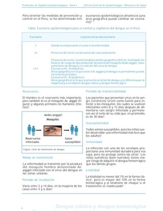 Protocolos de Vigilancia Epidemiológica - Parte I Oficina General de Epidemiología - Ministerio de Salud
Dengue clásico y dengue hemorragico
Dengue clásico y dengue hemorrágico4
Para orientar las medidas de prevención y
control en el Perú, se ha determinado tres
Período de transmisibilidad
Los pacientes que presentan virus en la san-
gre (virémicos) sirven como fuente para in-
fectar a los mosquitos, los cuales se vuelven
infectantes entre 8 y 12 días después de ali-
mentarse con sangre infectada y permane-
cen así el resto de su vida que, en promedio,
es de 30 días4
.
Susceptibilidad
Letalidad
Tabla. Escenario epidemiológico para el control y vigilancia del dengue en el Perú
Reservorio
El hombre es el reservorio más importante,
pero también lo es el mosquito Ae. aegypti (fi-
gura) y algunos primates no humanos (mo-
nos)3
.
Inmunidad
Todos somos susceptibles, pero los niños sue-
len desarrollar una enfermedad más leve que
los adultos4
.
La infección con uno de los serotipos pro-
porciona una inmunidad duradera para esa
cepa, pero no protege contra las otras2
. Los
niños eutróficos (bien nutridos) tienen ma-
yor riesgo de adquirir el dengue hemorrágico
que los demás grupos.
La letalidad es menor del 1% en la forma clá-
sica1
, pero es mayor del 10% en la forma
hemorrágica y el síndrome de choque si el
tratamiento es inadecuado8
.
Escenario Características del escenario
Donde no está presente el vector ni la enfermedad
Presencia del vector sin presencia de casos autóctonos.
Presencia del vector, la enfermedad y ámbito geográfico (distrito, localidad) con
factores de riesgo de tipo ambiental, presencia del mosquito Aedes aegypti, casos
autóctonos de dengue y circulación del virus de dengue
Escenario III - A endémico:
Áreas geográficas en la que existe el A. aegypti y el dengue es permanente y existe
incremento periódico.
Escenario III - B epidémico:
Áreas geográficas en la que se presenta un brote de dengue y se diferencia por la
magnitud y severidad en dengue clásico y dengue hemorrágico
I
I I
I I I
Período de incubación
Varía entre 3 y 14 días, en la mayoría de los
casos entre 4 y 6 días3
.
Modo de transmisión
La enfermedad se transmite por la picadura
del mosquito hembra denominado Ae.
aegypti infectado con el virus del dengue en
las zonas urbanas.
Figura. Ciclo de transmisión de dengue
escenarios epidemiológicos dinámicos (una
área geográfica puede cambiar de escena-
rio)3, 7
.
 