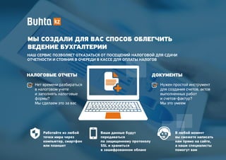 МЫ СОЗДАЛИ ДЛЯ ВАС СПОСОБ ОБЛЕГЧИТЬ
ВЕДЕНИЕ БУХГАЛТЕРИИ
НАЛОГОВЫЕ ОТЧЕТЫ ДОКУМЕНТЫ
НАШ СЕРВИС ПОЗВОЛЯЕТ ОТКАЗАТЬСЯ ОТ ПОСЕЩЕНИЙ НАЛОГОВОЙ ДЛЯ СДАЧИ
ОТЧЕТНОСТИ И СТОЯНИЯ В ОЧЕРЕДИ В КАССЕ ДЛЯ ОПЛАТЫ НАЛОГОВ
Нет времени разбираться
в налоговом учете
и заполнять налоговые
формы?
Мы сделаем это за вас
Ваши данные будут
передаваться
по защищенному протоколу
SSL и храниться
в зашифрованном облаке
Работайте из любой
точки мира через
компьютер, смартфон
или планшет
Нужен простой инструмент
для создания счетов, актов
выполненных работ
и счетов-фактур?
Мы это умеем
В любой момент
вы сможете написать
нам прямо на сайте,
а наши специалисты
помогут вам
 