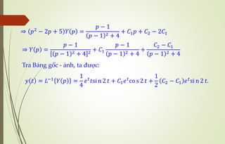 ⇒ 𝑝2
− 2𝑝 + 5 𝑌 𝑝 =
𝑝 − 1
( )
𝑝 − 1 2 + 4
+ 𝐶1𝑝 + 𝐶2 − 2𝐶1
⇒ 𝑌 𝑝 =
𝑝 − 1
( )
𝑝 − 1 2 + 4 2
+ 𝐶1
𝑝 − 1
( )
𝑝 − 1 2 + 4
+
𝐶2 − 𝐶1
( )
𝑝 − 1 2 + 4
Tra Bảng gốc - ảnh, ta được:
𝑦 𝑡 = 𝐿−1
𝑌 𝑝 =
1
4
𝑒𝑡
𝑡si n 2 𝑡 + 𝐶1𝑒𝑡
co s 2 𝑡 +
1
2
𝐶2 − 𝐶1 𝑒𝑡
si n 2 𝑡.
 