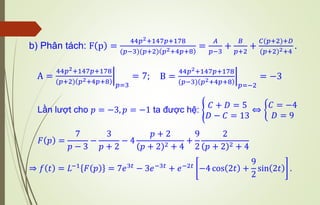 Lần lượt cho 𝑝 = −3, 𝑝 = −1 ta được hệ: ൝
𝐶 + 𝐷 = 5
𝐷 − 𝐶 = 13
⇔ ቊ
𝐶 = −4
𝐷 = 9
𝐹 𝑝 =
7
𝑝 − 3
−
3
𝑝 + 2
− 4
𝑝 + 2
( )
𝑝 + 2 2 + 4
+
9
2
2
( )
𝑝 + 2 2 + 4
⇒ 𝑓 𝑡 = 𝐿−1 𝐹 𝑝 = 7𝑒3𝑡 − 3𝑒−3𝑡 + 𝑒−2𝑡 −4 cos 2𝑡 +
9
2
sin 2𝑡 .
b) Phân tách: F p =
44𝑝2+147𝑝+178
(𝑝−3)(𝑝+2) 𝑝2+4𝑝+8
=
𝐴
𝑝−3
+
𝐵
𝑝+2
+
𝐶(𝑝+2)+𝐷
(𝑝+2)2+4
.
A = ฬ
44𝑝2+147𝑝+178
(𝑝+2) 𝑝2+4𝑝+8 𝑝=3
= 7; B = ฬ
44𝑝2+147𝑝+178
(𝑝−3) 𝑝2+4𝑝+8 𝑝=−2
= −3
 