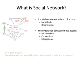 What is Social Network?

                              • A social structure made up of actors:
                                  – Individuals
                                  – Organizations

                              • The dyadic ties between these actors:
                                  – Relationships
                                  – Connections
                                  – Interactions




Or in plain English:
Social networks are essentially about who know who, and who know what.
 