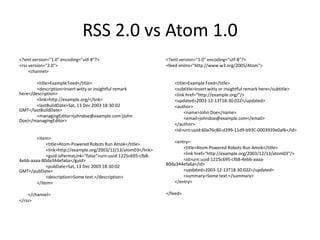 RSS 2.0 vs Atom 1.0
<?xml version="1.0" encoding="utf-8"?>                           <?xml version="1.0" encoding="utf-8"?>
<rss version="2.0">                                              <feed xmlns="http://www.w3.org/2005/Atom">
     <channel>

        <title>Example Feed</title>                                  <title>Example Feed</title>
        <description>Insert witty or insightful remark               <subtitle>Insert witty or insightful remark here</subtitle>
here</description>                                                   <link href="http://example.org/"/>
        <link>http://example.org/</link>                             <updated>2003-12-13T18:30:02Z</updated>
        <lastBuildDate>Sat, 13 Dec 2003 18:30:02                     <author>
GMT</lastBuildDate>                                                       <name>John Doe</name>
        <managingEditor>johndoe@example.com (John                         <email>johndoe@example.com</email>
Doe)</managingEditor>
                                                                     </author>
                                                                     <id>urn:uuid:60a76c80-d399-11d9-b93C-0003939e0af6</id>
        <item>
             <title>Atom-Powered Robots Run Amok</title>             <entry>
             <link>http://example.org/2003/12/13/atom03</link>           <title>Atom-Powered Robots Run Amok</title>
             <guid isPermaLink="false">urn:uuid:1225c695-cfb8-           <link href="http://example.org/2003/12/13/atom03"/>
4ebb-aaaa-80da344efa6a</guid>                                            <id>urn:uuid:1225c695-cfb8-4ebb-aaaa-
             <pubDate>Sat, 13 Dec 2003 18:30:02                  80da344efa6a</id>
GMT</pubDate>                                                            <updated>2003-12-13T18:30:02Z</updated>
             <description>Some text.</description>                       <summary>Some text.</summary>
        </item>                                                      </entry>

    </channel>                                                   </feed>
</rss>
 