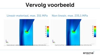 Vervolg voorbeeld
Lineair materiaal, max. 351 MPa Non lineair, max. 235,1 MPa
 