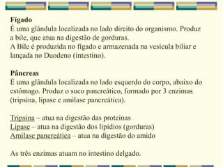 Fígado
É uma glândula localizada no lado direito do organismo. Produz
a bile, que atua na digestão de gorduras.
A Bile é produzida no fígado e armazenada na vesícula biliar e
lançada no Duodeno (intestino).
Pâncreas
É uma glândula localizada no lado esquerdo do corpo, abaixo do
estômago. Produz o suco pancreático, formado por 3 enzimas
(tripsina, lipase e amilase pancreática).
Tripsina – atua na digestão das proteínas
Lipase – atua na digestão dos lipídios (gorduras)
Amilase pancreática – atua na digestão do amido
As três enzimas atuam no intestino delgado.
 
