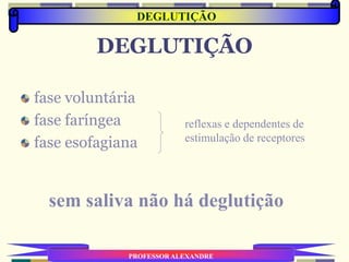 DEGLUTIÇÃO
fase voluntária
fase faríngea
fase esofagiana
reflexas e dependentes de
estimulação de receptores
sem saliva não há deglutição
PROFESSOR ALEXANDRE
DEGLUTIÇÃO
 