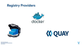 Registry Providers
https://hub.docker.com 
https://github.com/docker/distribution 
https://quay.io
 